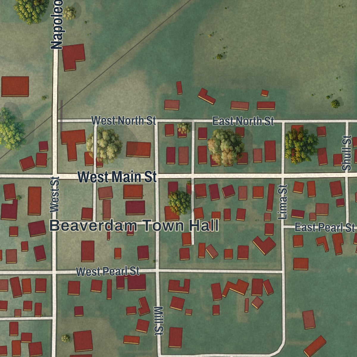 Close-up of the map of Beaverdam, Ohio print showing street and building detail