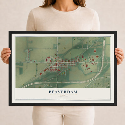 Map of Beaverdam, Ohio, 12 x 18 inch print in a black wood frame