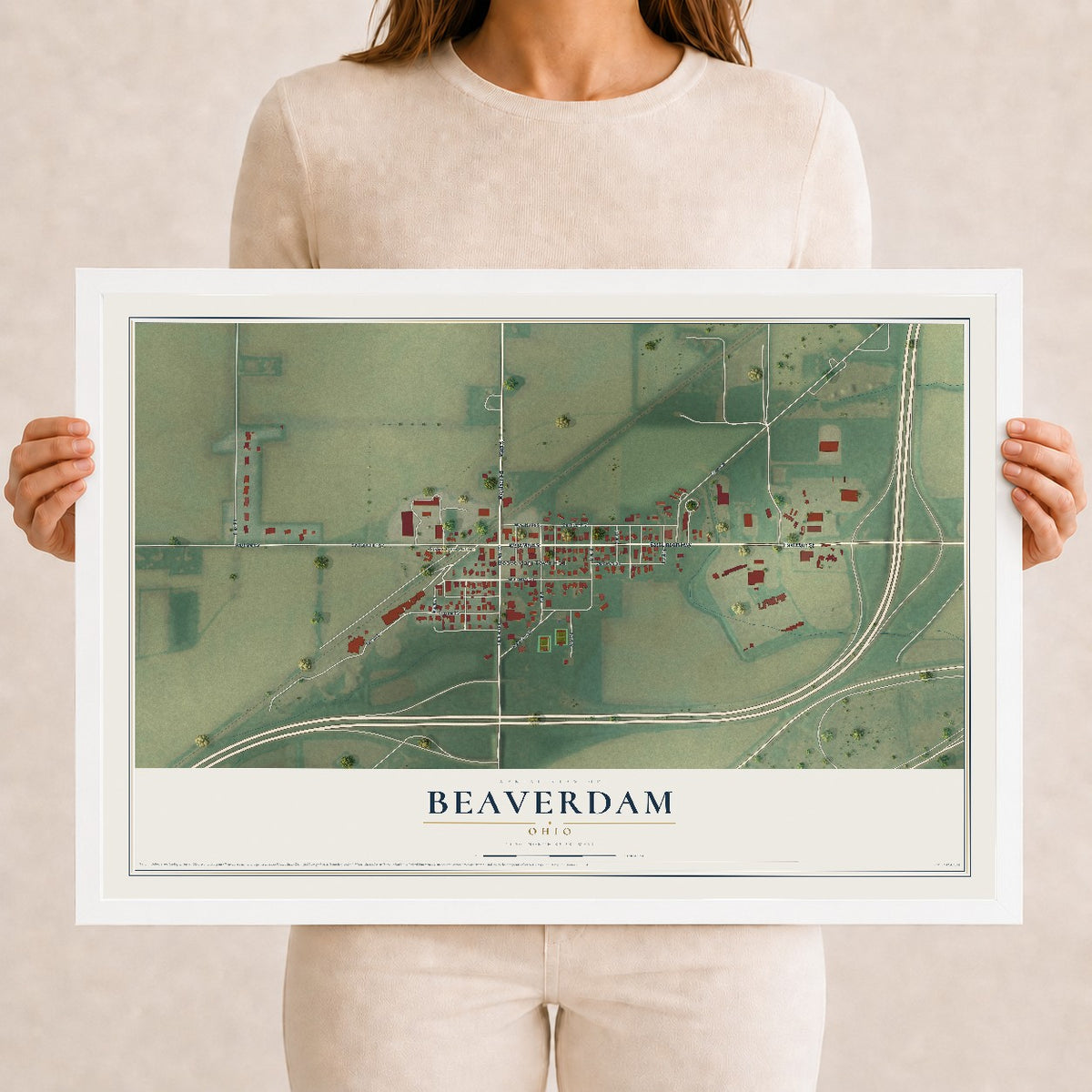 Map of Beaverdam, Ohio, 12 x 18 inch print in a white wood frame