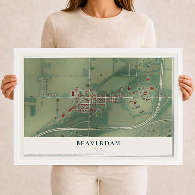 Map of Beaverdam, Ohio, 12 x 18 inch print in a white wood frame