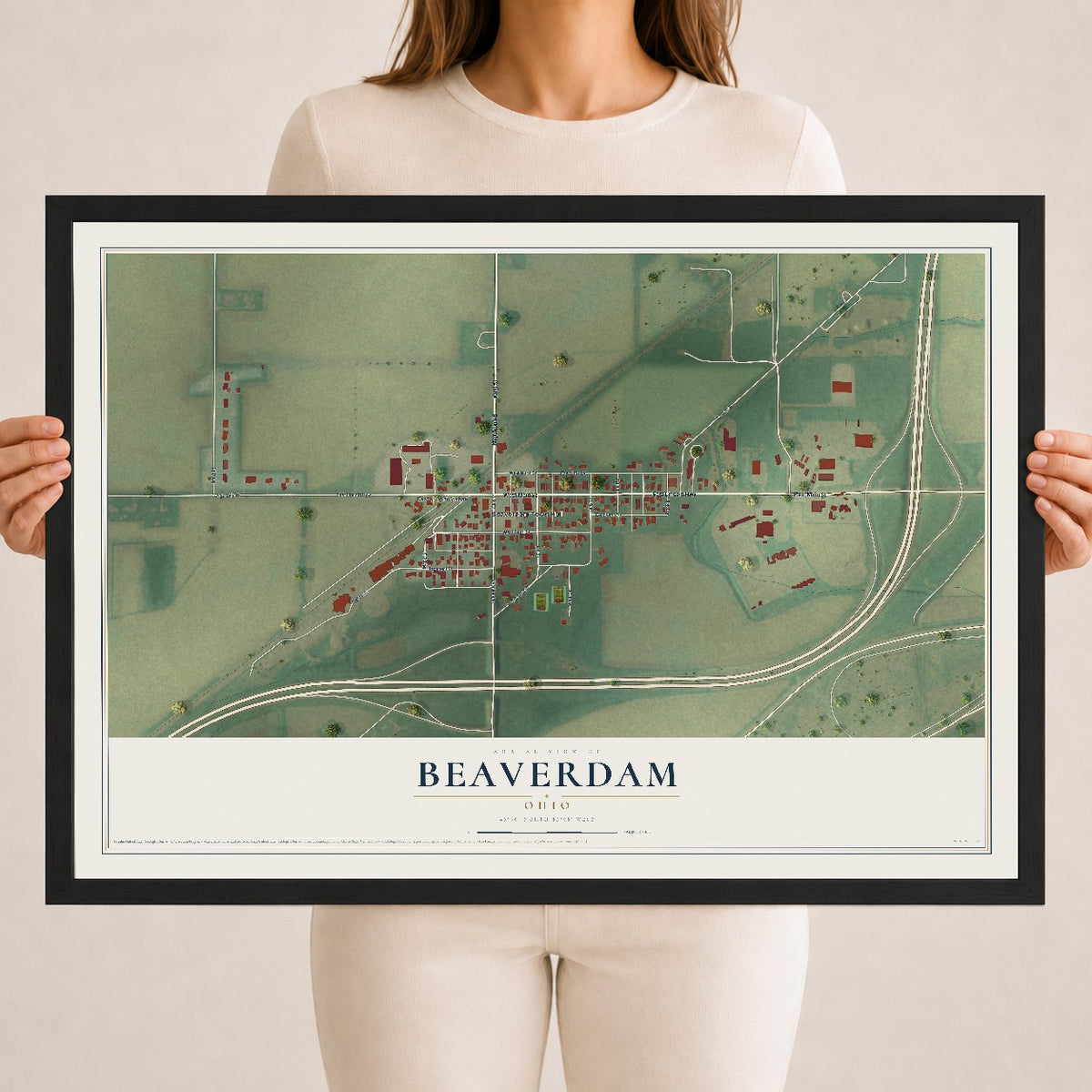 Map of Beaverdam, Ohio, 18 x 24 inch print in a black wood frame