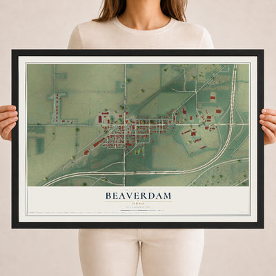 Map of Beaverdam, Ohio, 18 x 24 inch print in a black wood frame
