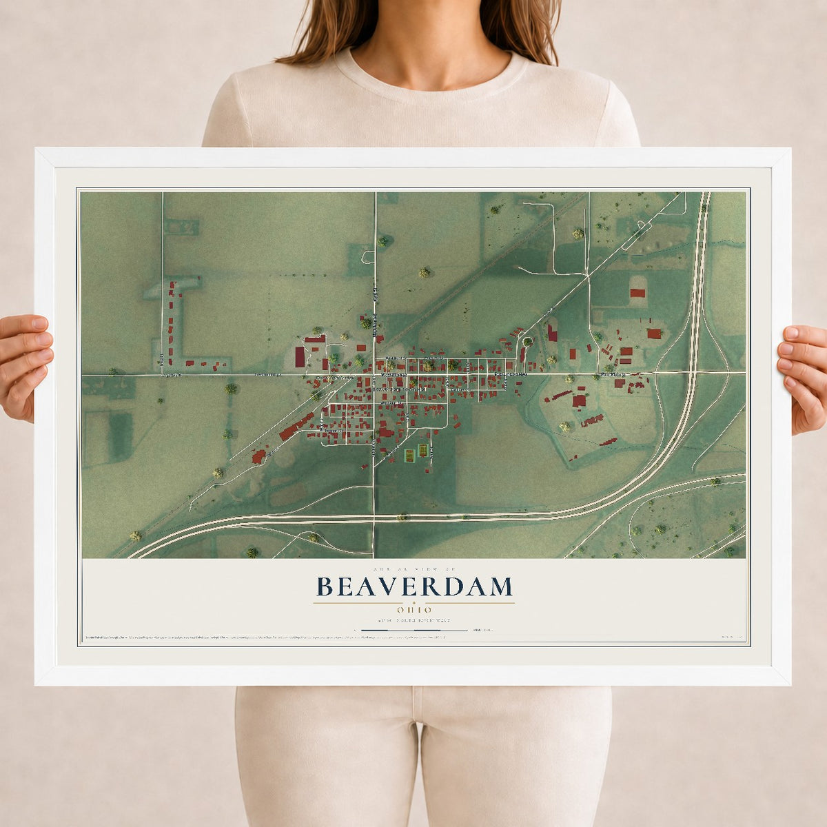 Map of Beaverdam, Ohio, 18 x 24 inch print in a white wood frame