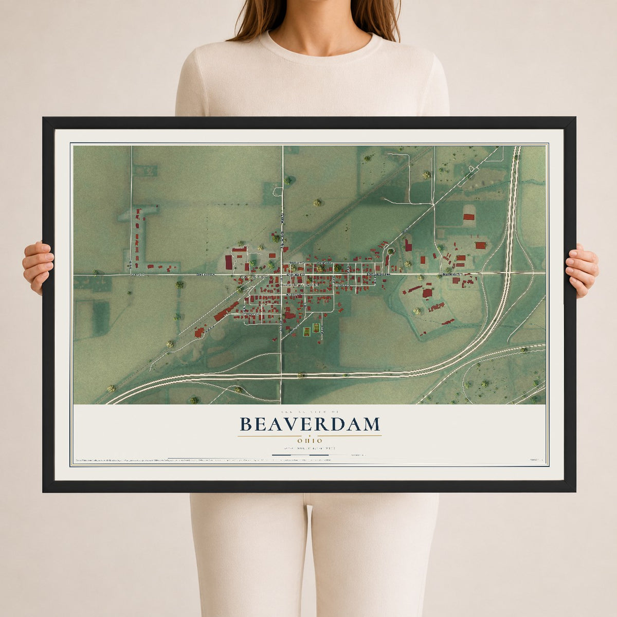 Map of Beaverdam, Ohio, 24 x 36 inch print in a black wood frame