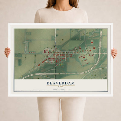 Map of Beaverdam, Ohio, 24 x 36 inch print in a white wood frame