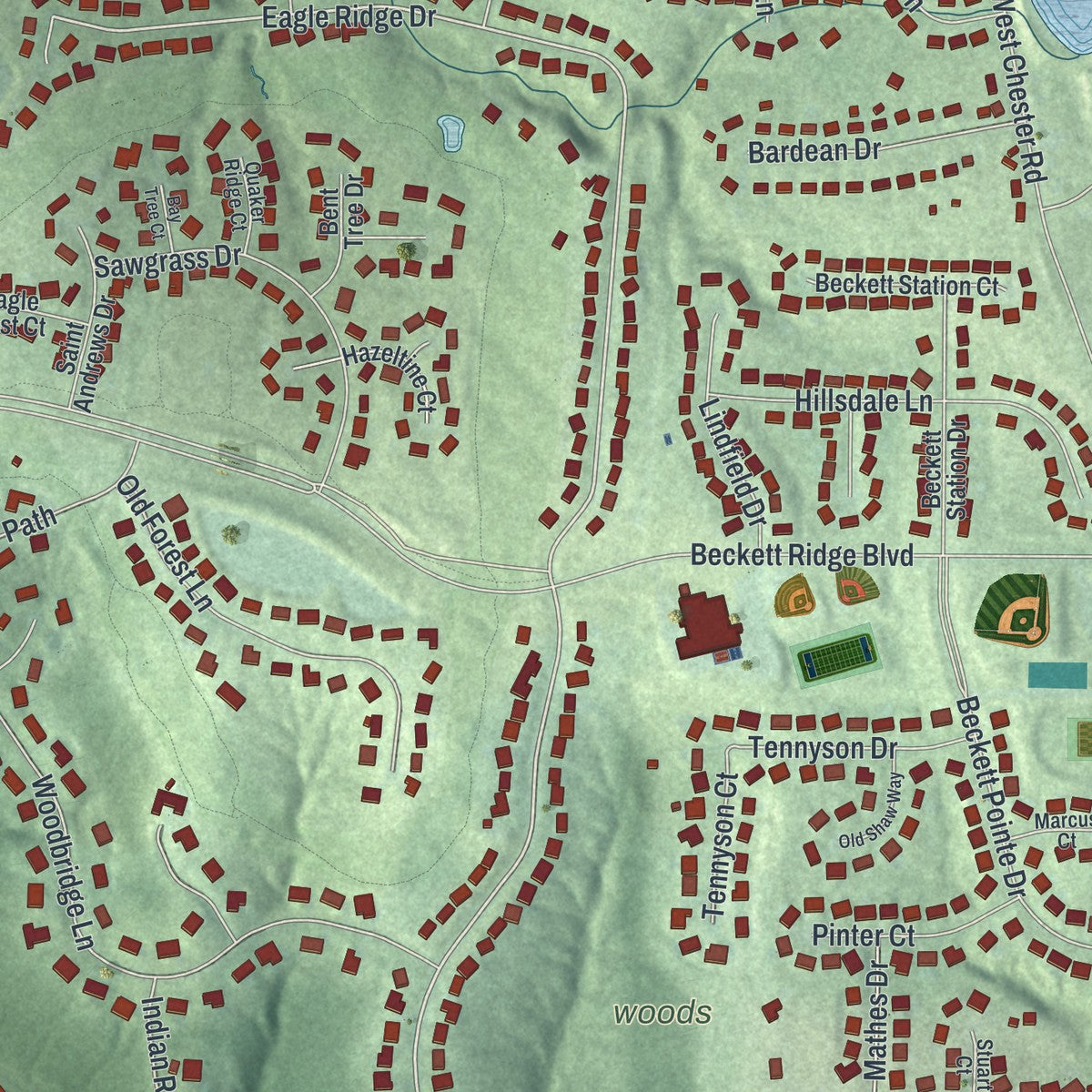 Close-up of the map of Beckett Ridge, Ohio print showing street and building detail