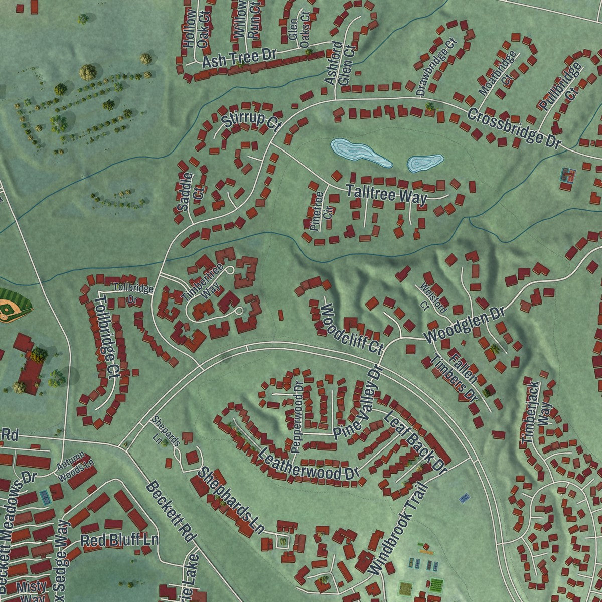 Second close-up of the map of Beckett Ridge, Ohio print showing more streets and buildings
