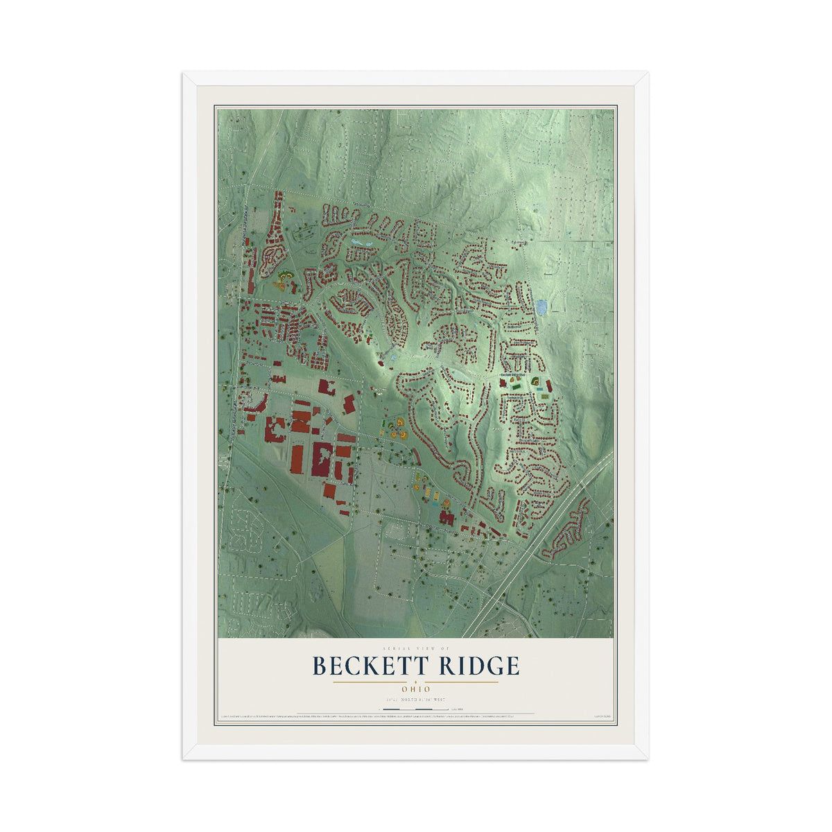 Map of Beckett Ridge, Ohio, 12 x 18 inch print in a white wood frame
