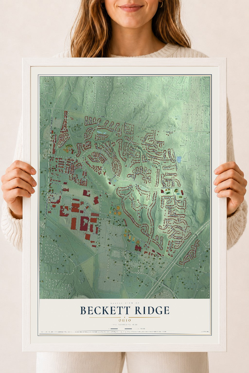 Map of Beckett Ridge, Ohio, 18 x 24 inch print in a white wood frame