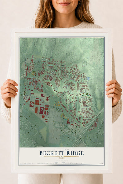 Map of Beckett Ridge, Ohio, 18 x 24 inch print in a white wood frame