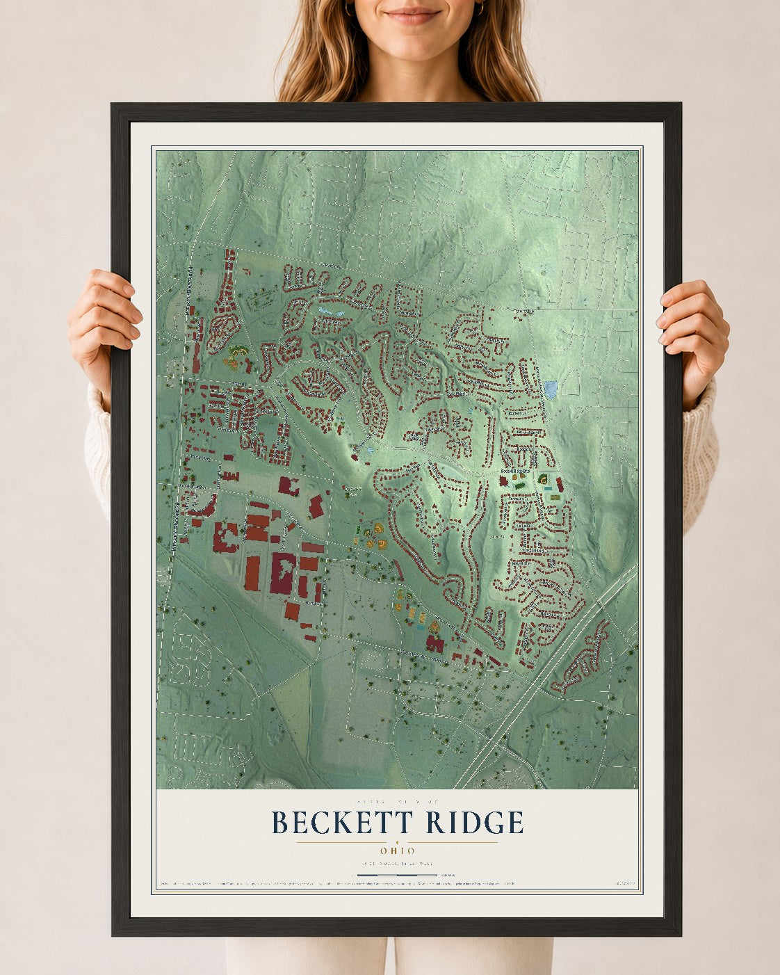 Map of Beckett Ridge, Ohio, 24 x 36 inch print in a black wood frame