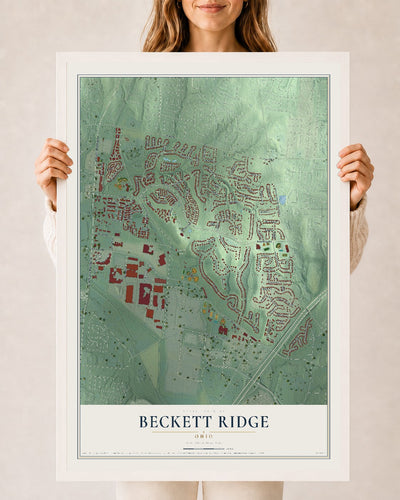 Map of Beckett Ridge, Ohio, 24 x 36 inch print in a white wood frame