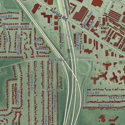 Close-up of the map of Bedford Heights, Ohio print showing street and building detail