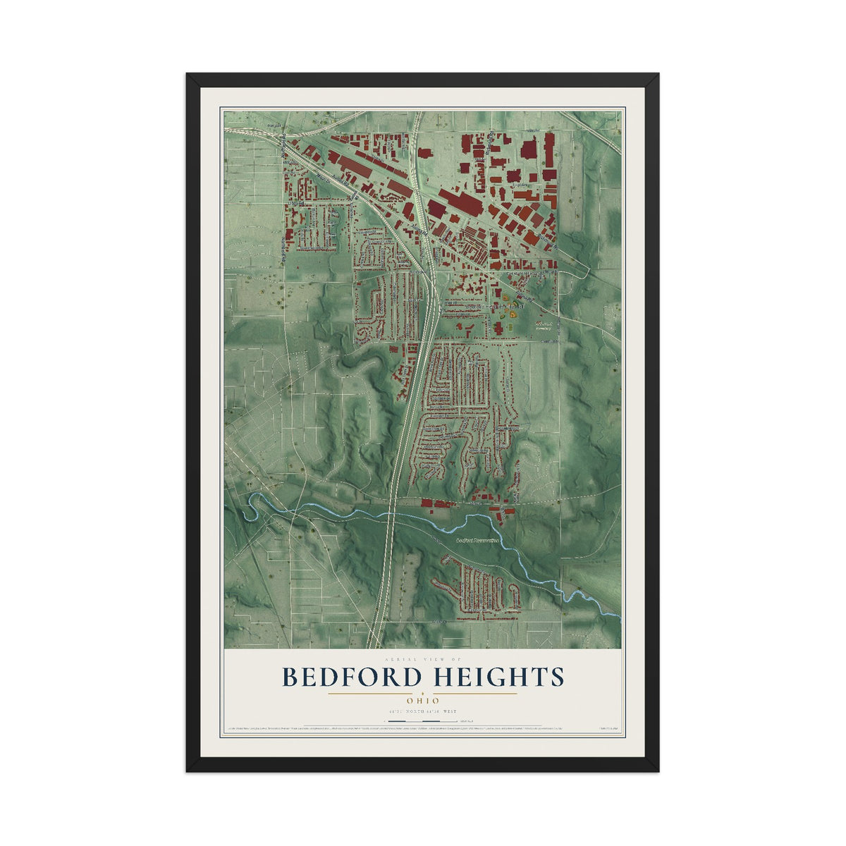 Map of Bedford Heights, Ohio, 12 x 18 inch print in a black wood frame