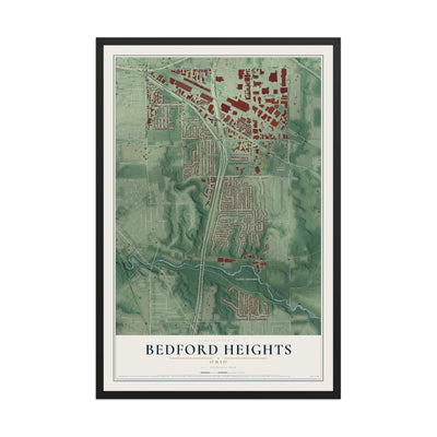 Map of Bedford Heights, Ohio, 12 x 18 inch print in a black wood frame