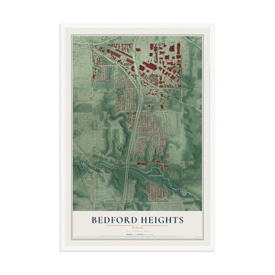 Map of Bedford Heights, Ohio, 12 x 18 inch print in a white wood frame