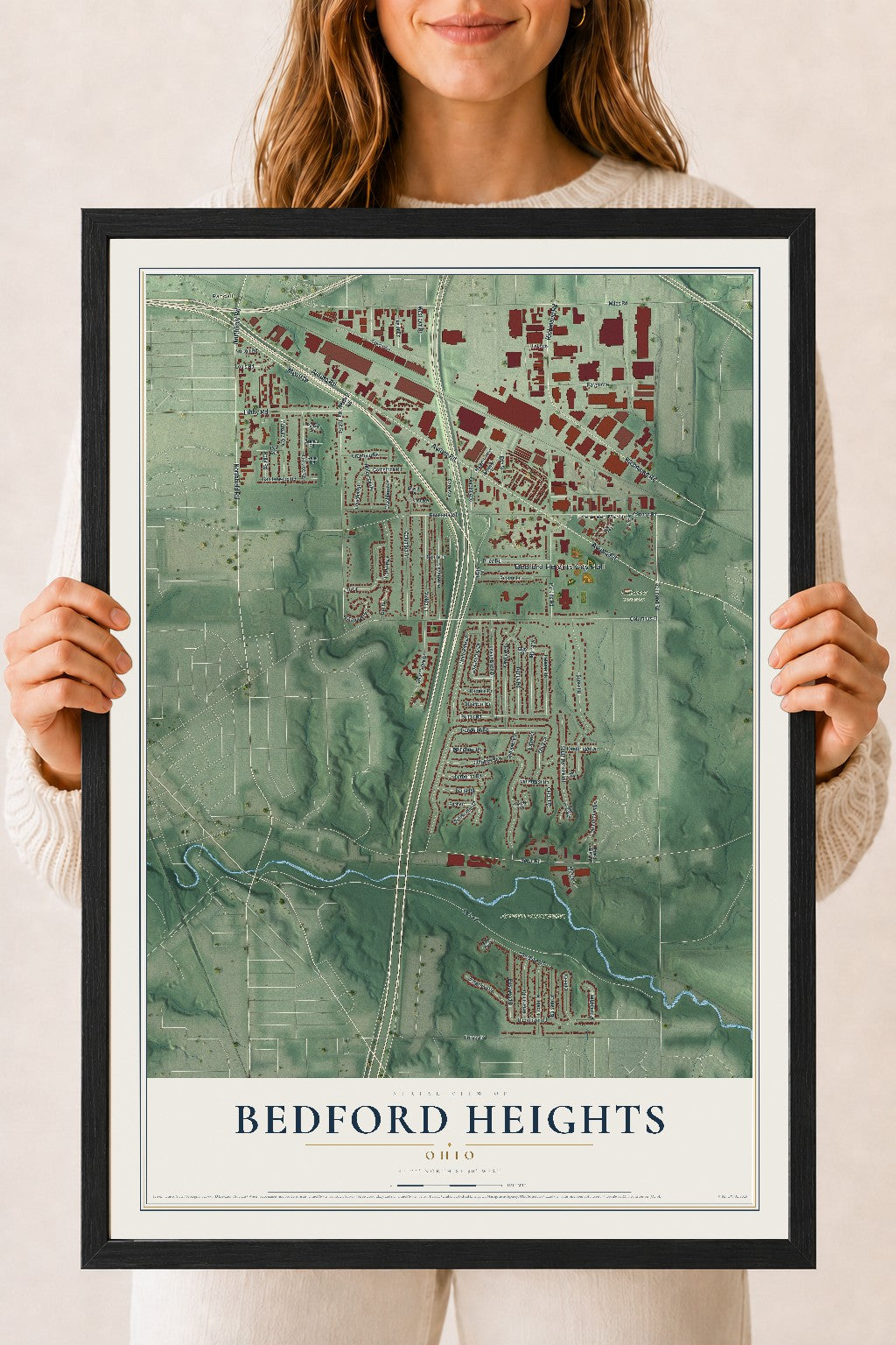 Map of Bedford Heights, Ohio, 18 x 24 inch print in a black wood frame