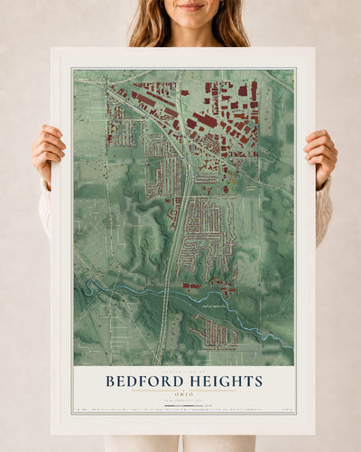 Map of Bedford Heights, Ohio, 24 x 36 inch print in a white wood frame