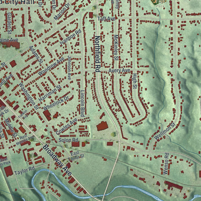 Close-up of the map of Bedford, Ohio print showing street and building detail