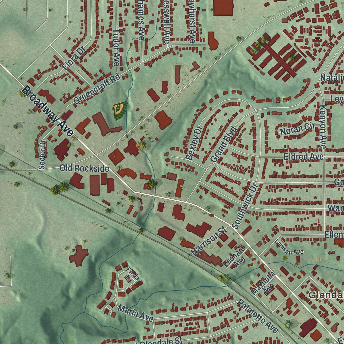 Second close-up of the map of Bedford, Ohio print showing more streets and buildings