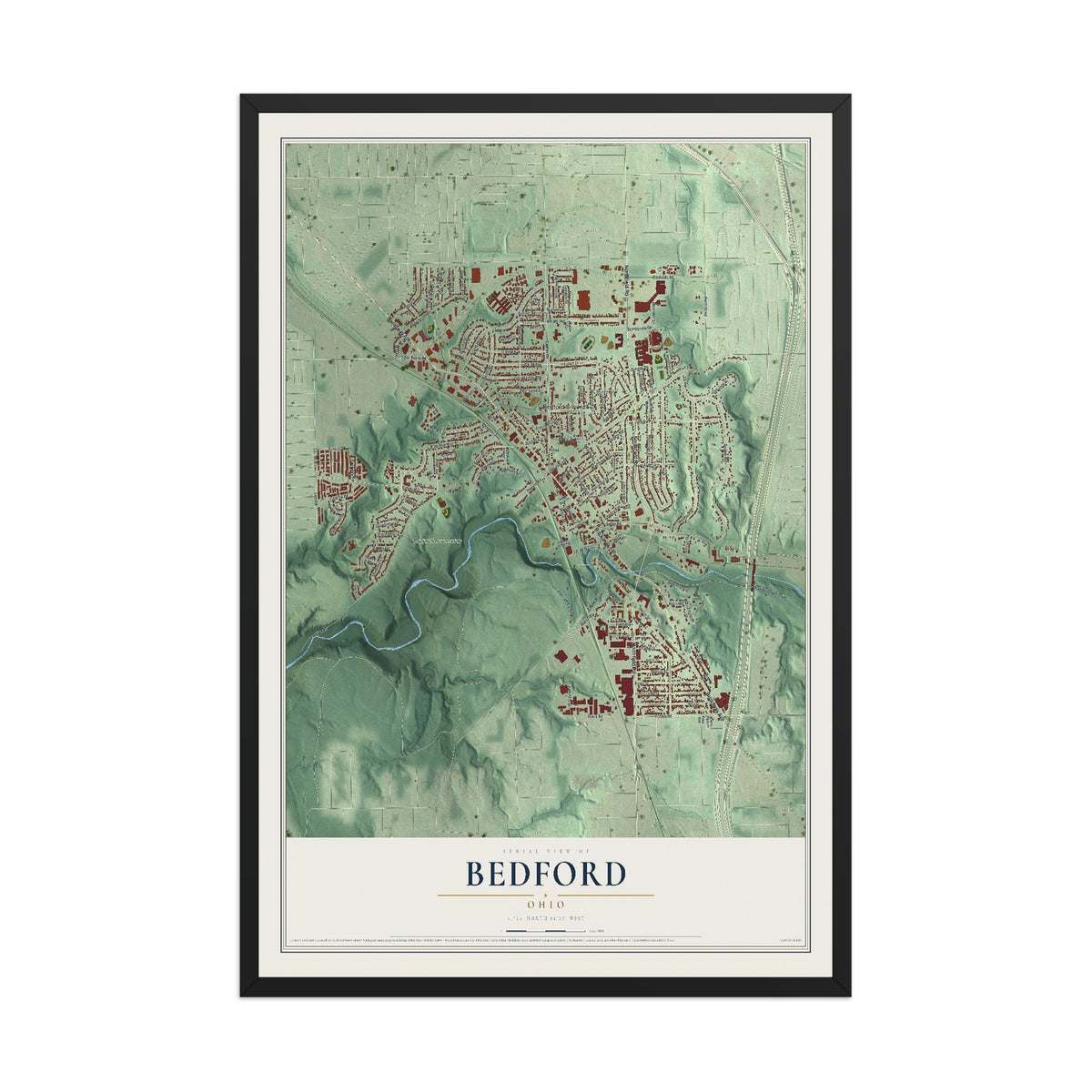 Map of Bedford, Ohio, 12 x 18 inch print in a black wood frame