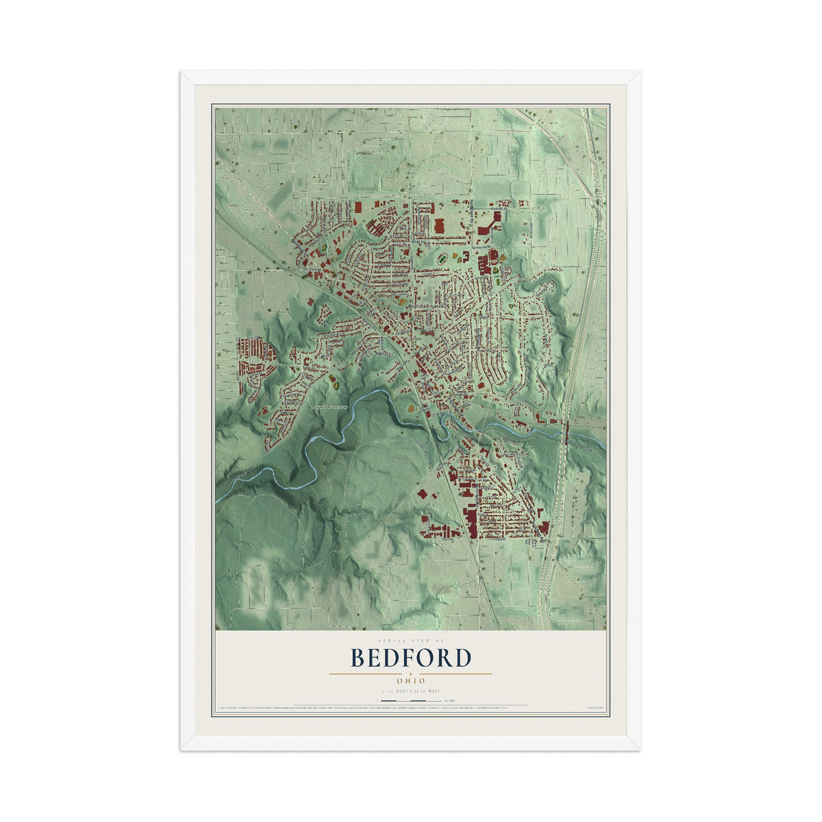 Map of Bedford, Ohio, 12 x 18 inch print in a white wood frame
