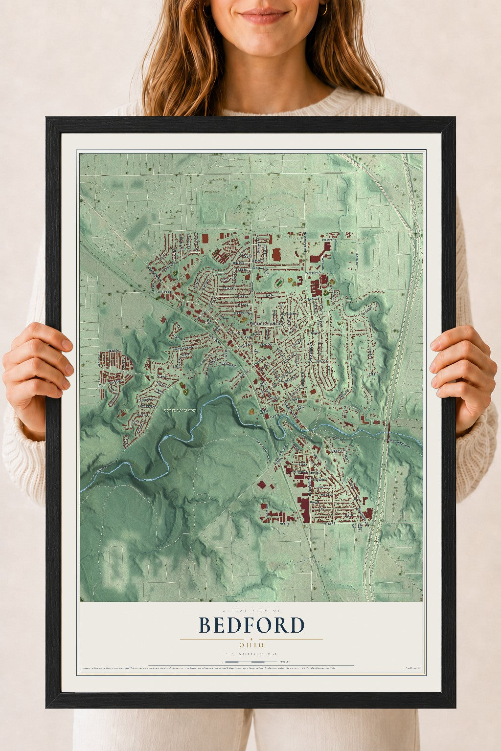 Map of Bedford, Ohio, 18 x 24 inch print in a black wood frame