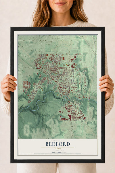 Map of Bedford, Ohio, 18 x 24 inch print in a black wood frame