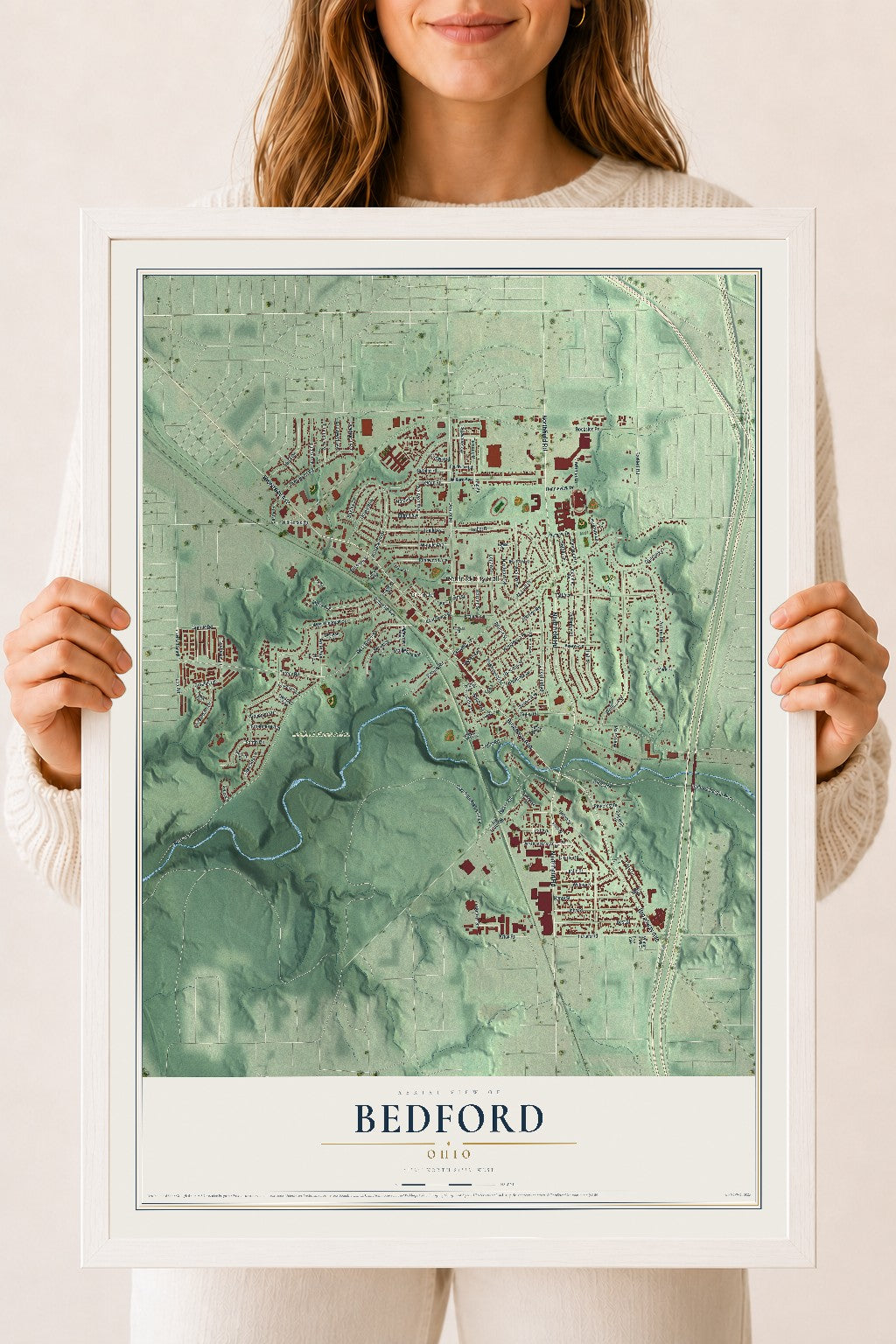 Map of Bedford, Ohio, 18 x 24 inch print in a white wood frame