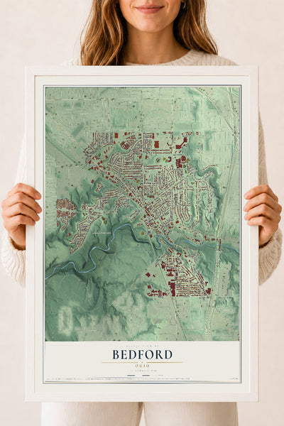 Map of Bedford, Ohio, 18 x 24 inch print in a white wood frame