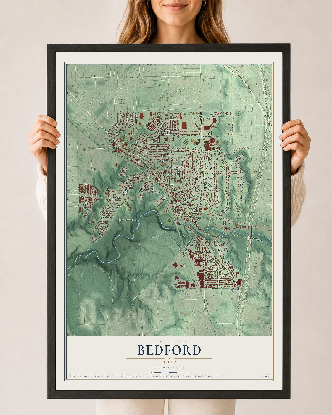 Map of Bedford, Ohio, 24 x 36 inch print in a black wood frame