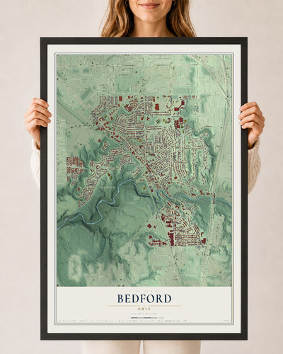 Map of Bedford, Ohio, 24 x 36 inch print in a black wood frame