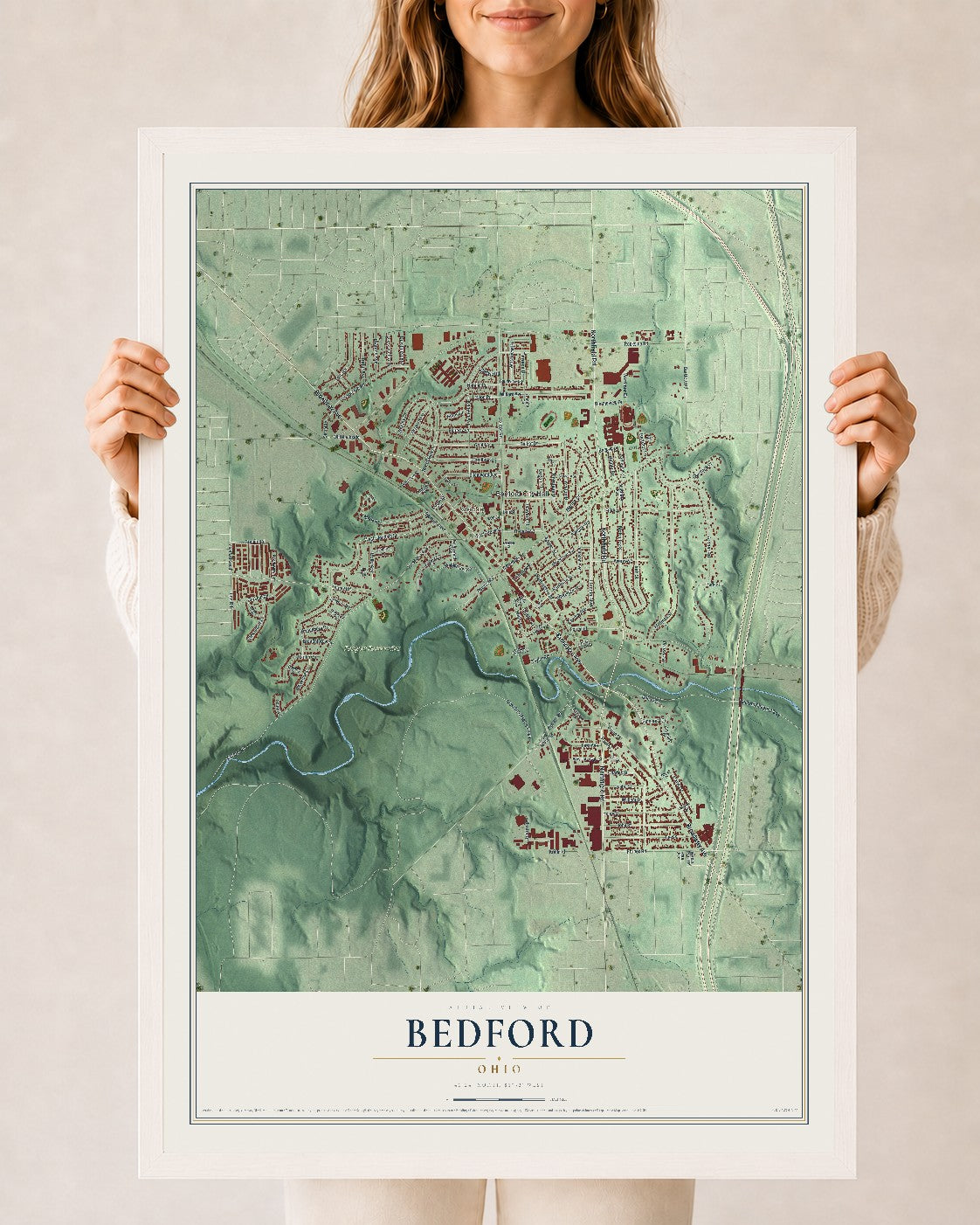 Map of Bedford, Ohio, 24 x 36 inch print in a white wood frame