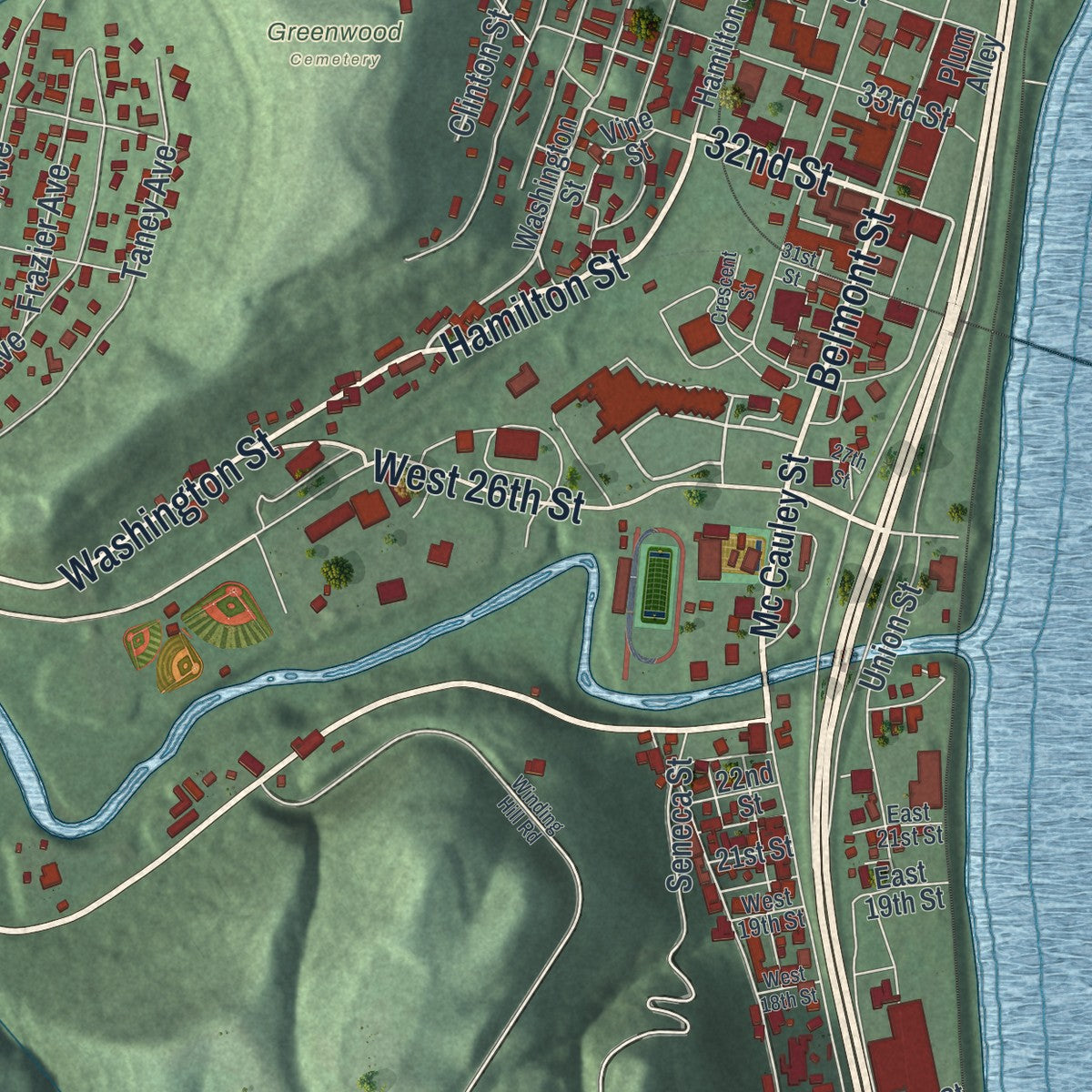Second close-up of the map of Bellaire, Ohio print showing more streets and buildings