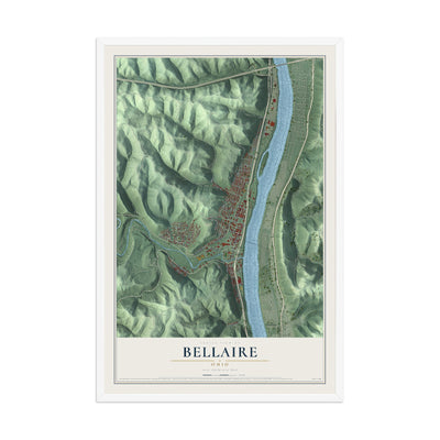 Map of Bellaire, Ohio, 12 x 18 inch print in a white wood frame