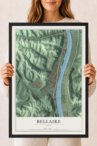 Map of Bellaire, Ohio, 18 x 24 inch print in a black wood frame