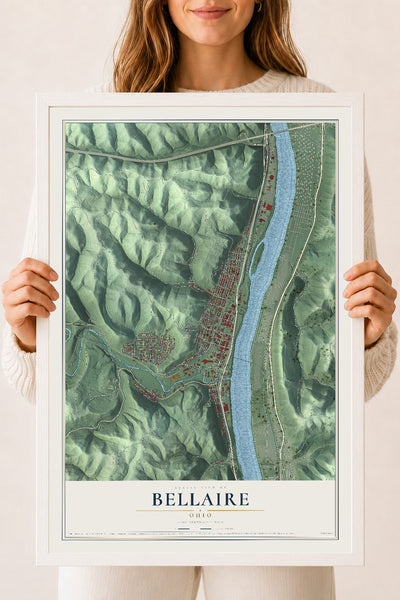 Map of Bellaire, Ohio, 18 x 24 inch print in a white wood frame