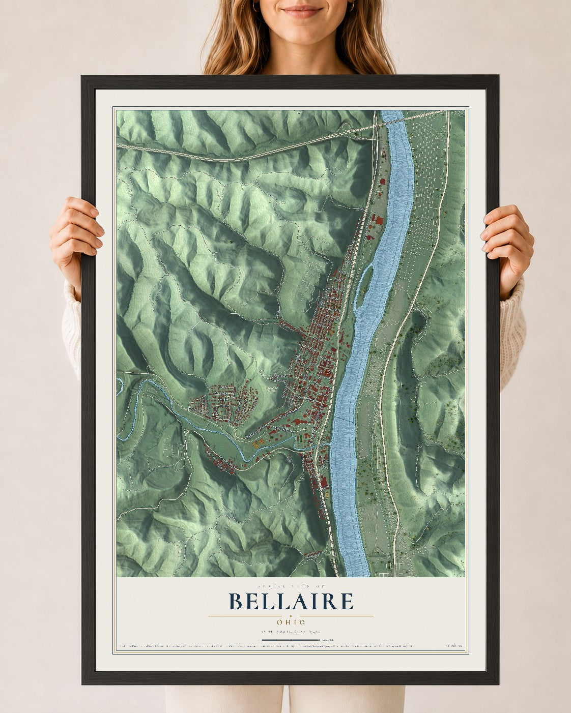 Map of Bellaire, Ohio, 24 x 36 inch print in a black wood frame