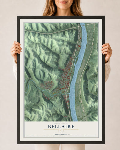 Map of Bellaire, Ohio, 24 x 36 inch print in a black wood frame