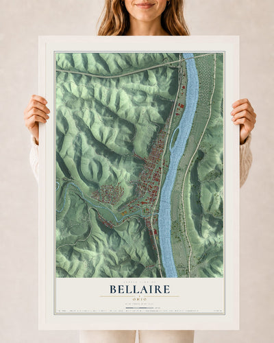 Map of Bellaire, Ohio, 24 x 36 inch print in a white wood frame