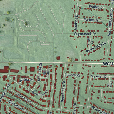 Close-up of the map of Bellbrook, Ohio print showing street and building detail