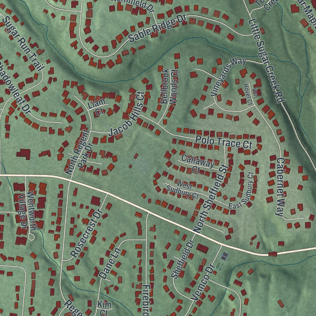 Second close-up of the map of Bellbrook, Ohio print showing more streets and buildings
