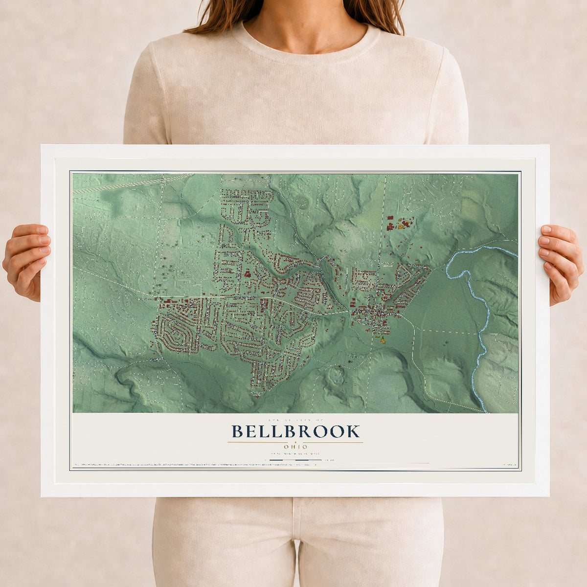 Map of Bellbrook, Ohio, 12 x 18 inch print in a white wood frame