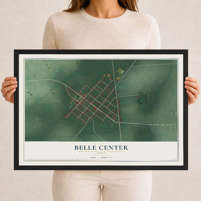 Map of Belle Center, Ohio, 12 x 18 inch print in a black wood frame