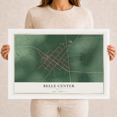 Map of Belle Center, Ohio, 12 x 18 inch print in a white wood frame