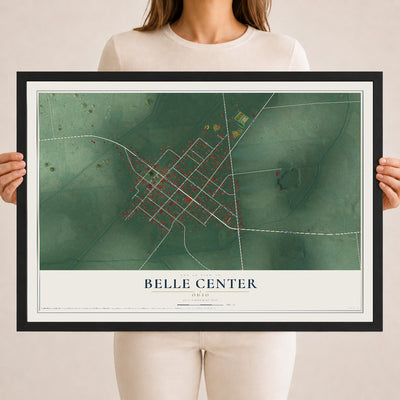 Map of Belle Center, Ohio, 18 x 24 inch print in a black wood frame