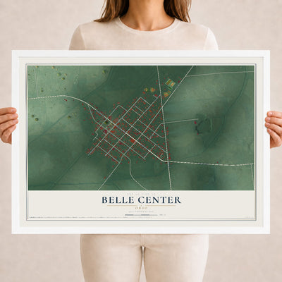 Map of Belle Center, Ohio, 18 x 24 inch print in a white wood frame
