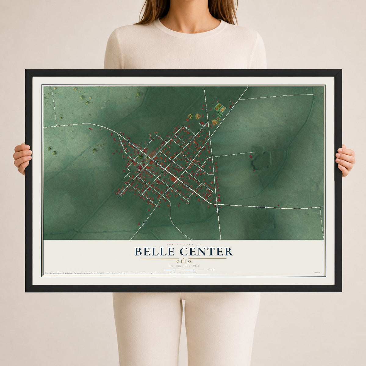 Map of Belle Center, Ohio, 24 x 36 inch print in a black wood frame