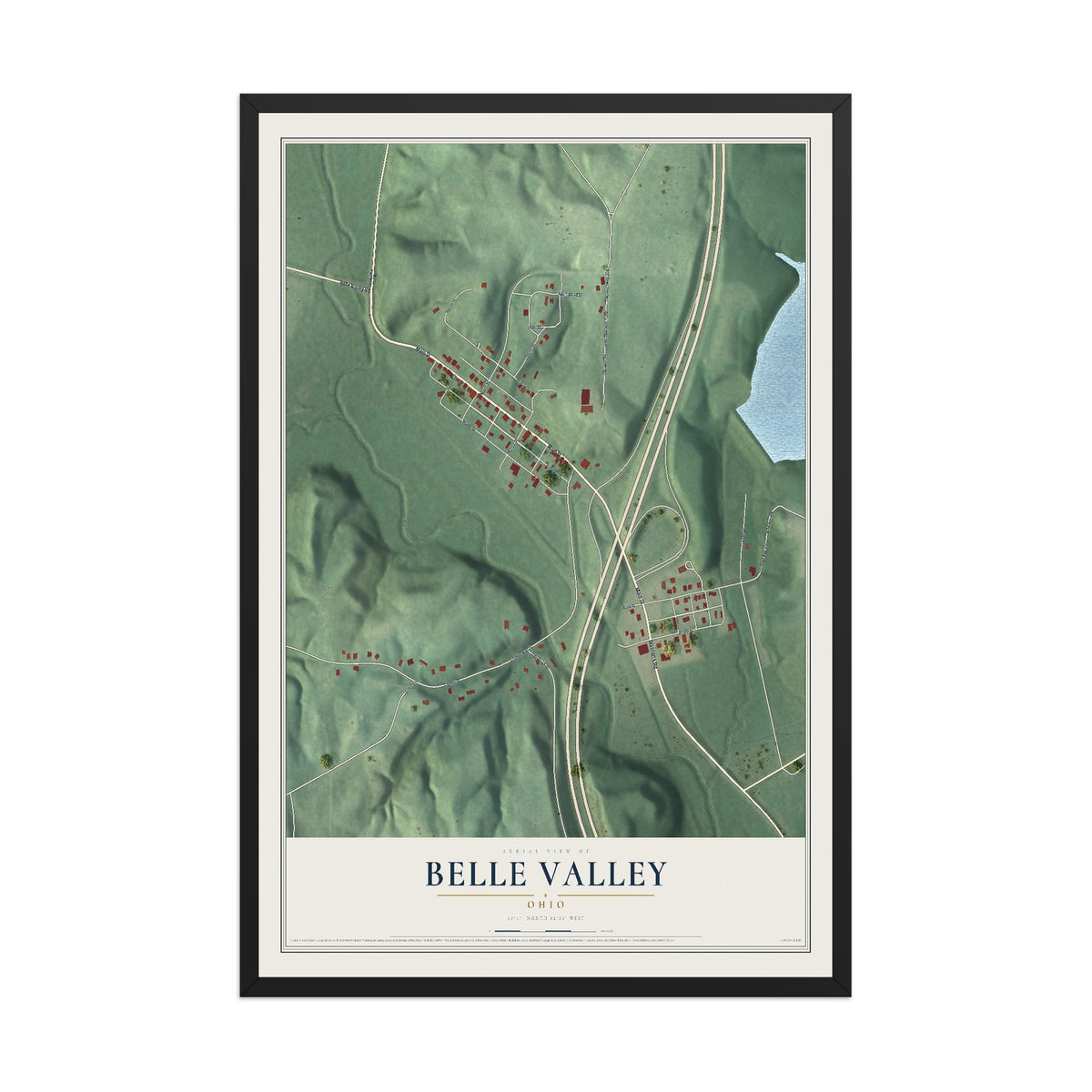 Map of Belle Valley, Ohio, 12 x 18 inch print in a black wood frame