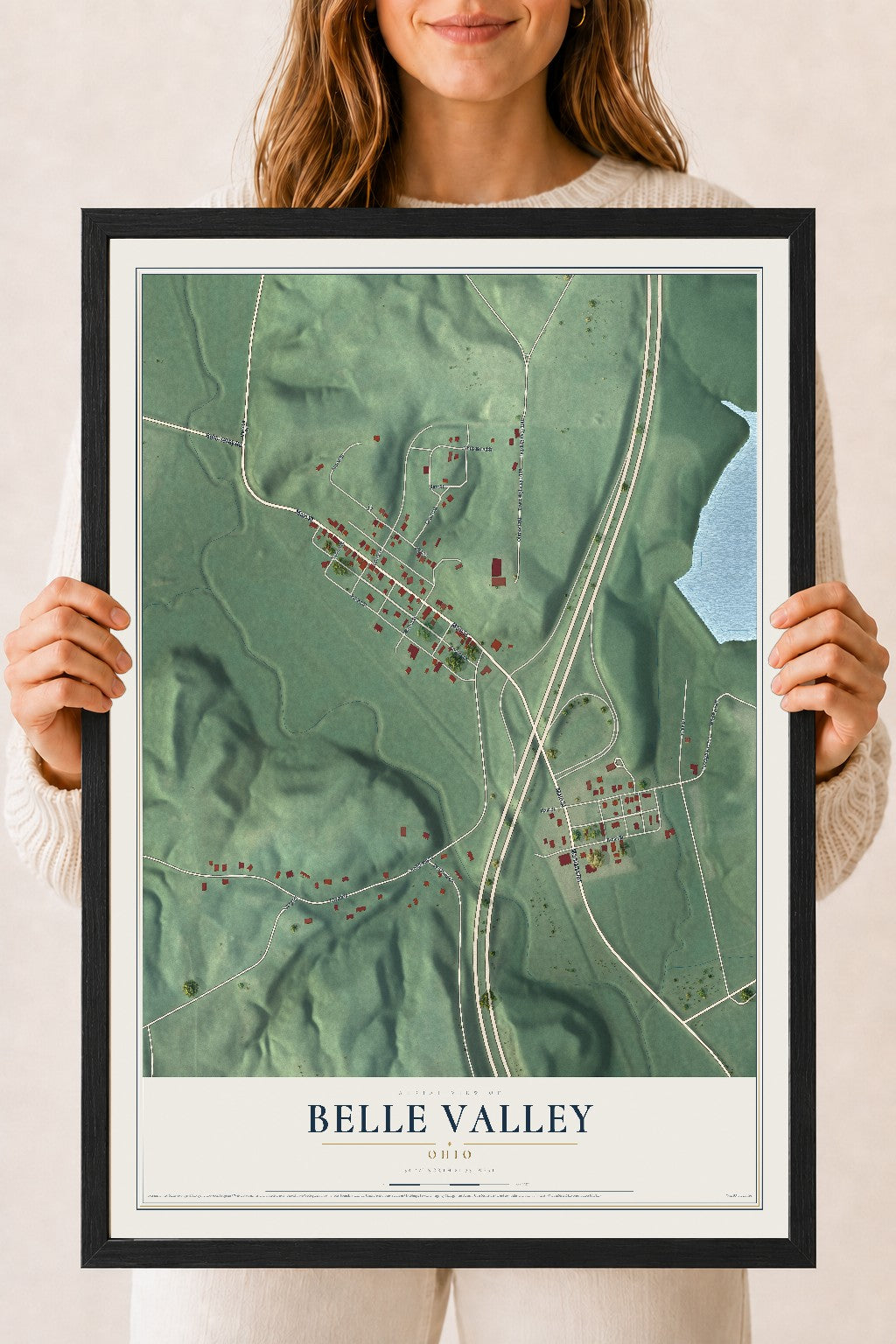 Map of Belle Valley, Ohio, 18 x 24 inch print in a black wood frame
